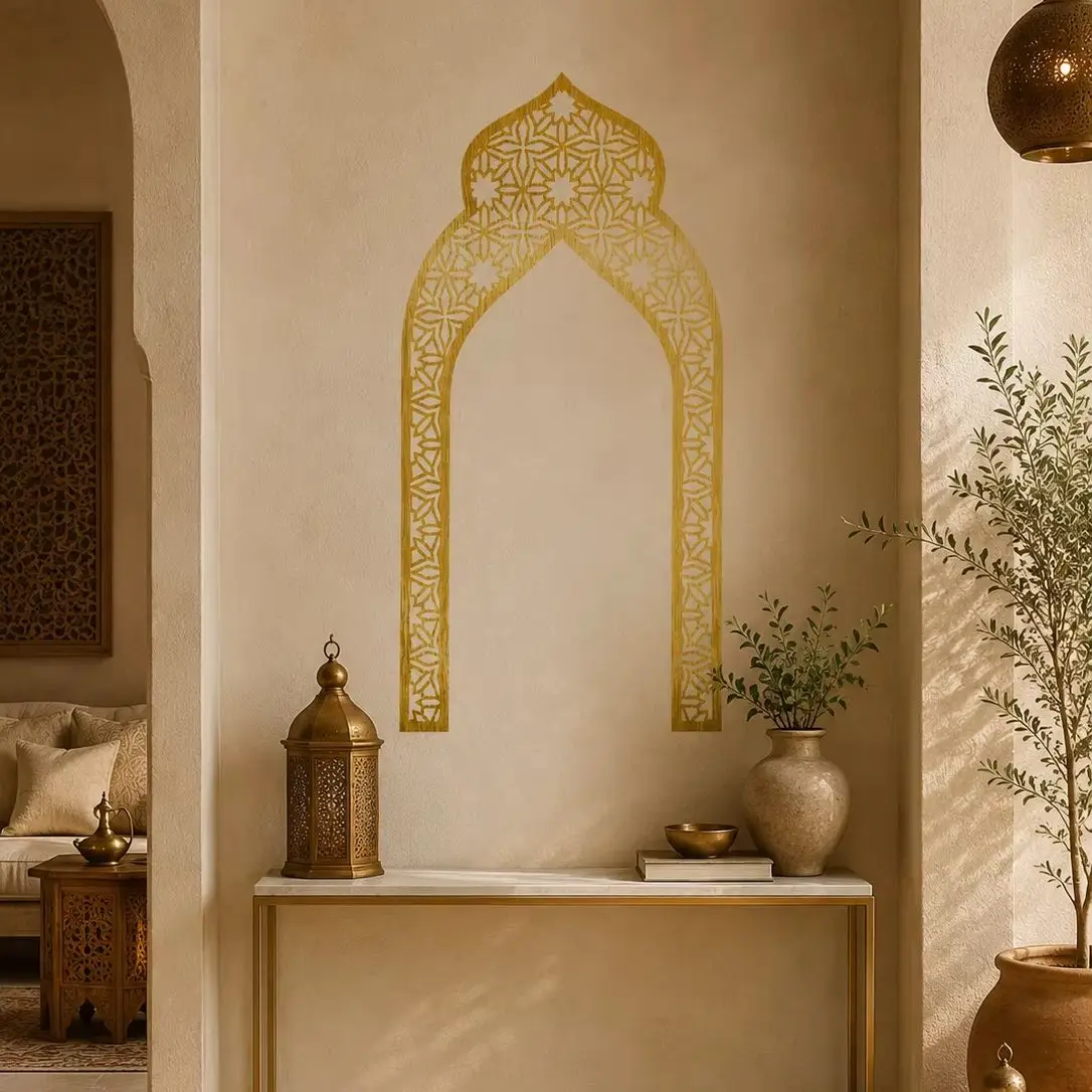 Golden Moroccan Arch Wall Sticker, Islamic Geometric Cutout Door Frame Vinyl Decal for Living Room Bedroom Home Decor view 2