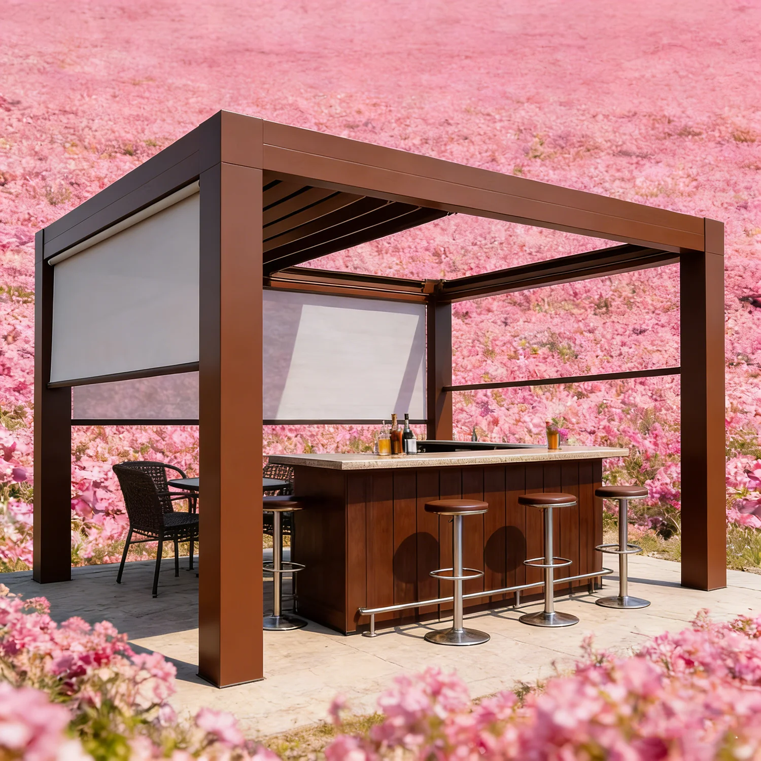 Retractable Outdoor Gazebo with Louvered Roof & Roller Blinds, Windproof Waterproof, Ideal for Balcony & Terrace Scenic Spots