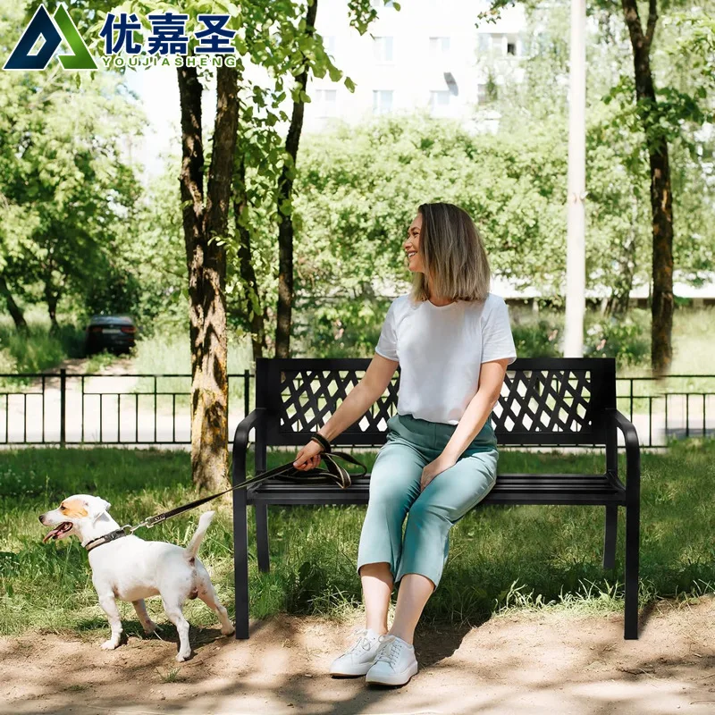 في الهواء الطلق الحديثة مقعد مزدوج شرفة الحديد المطاوع الترفيه مقعد طويل PVC مسند الظهر