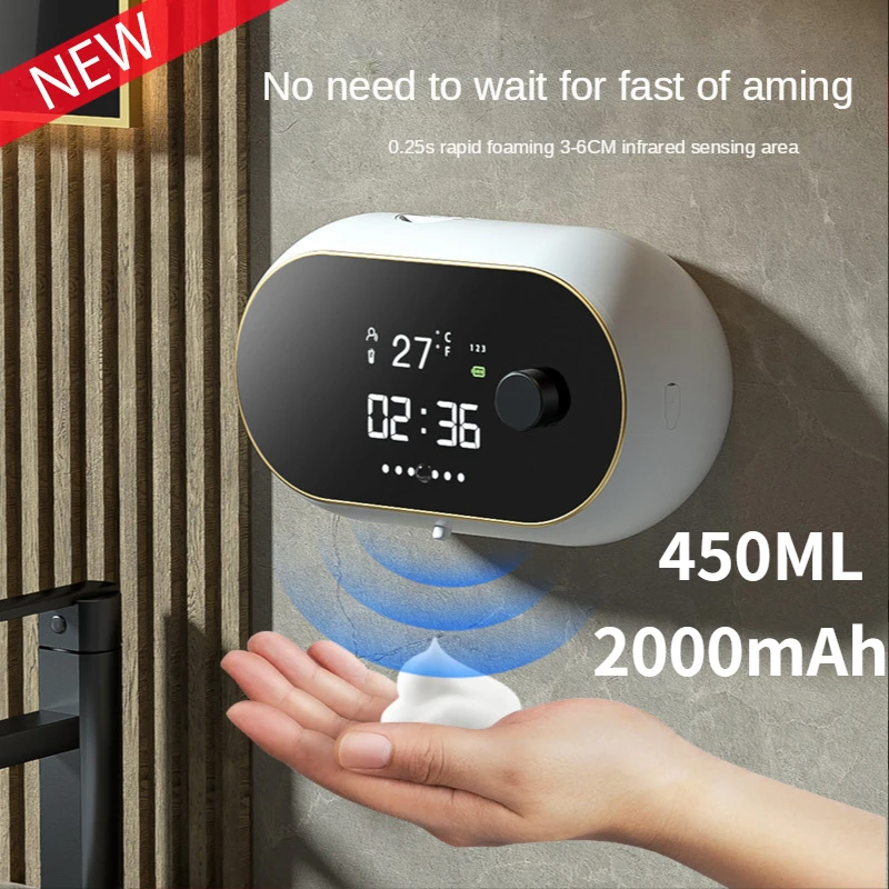 

USB Charge Automatic Foam Soap Dispenser Touchless Sensor Liquid Foam Machine Time Temperature Display Wall Mount Hand Sanitizer