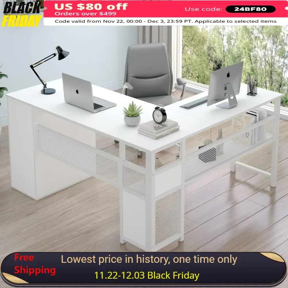 

59 Inch Computer Desk with Storage Cabinet Shelves, L Shaped Reversible Modern Desks, Large Wood Metal Writing Desk