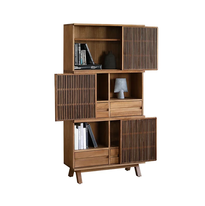 Nordic Simple Black Walnut White Wax Wood Sliding Door Bookcase Storage Sideboard Living Room Study