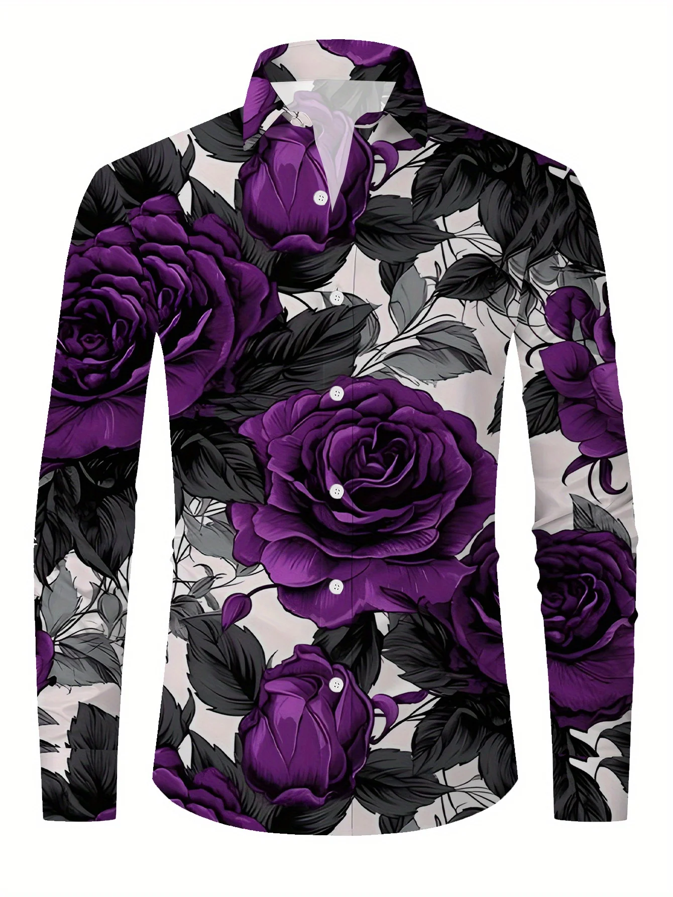 Men Long Sleeve Button Down Shirt Purple Big Rose Floral Print Polyester Lapel Collar Party Casual