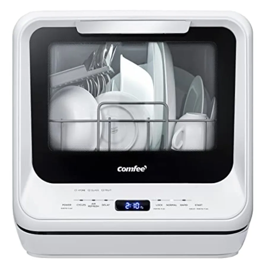 

Portable countertop dishwasher for RVs: white plastic unit with 5L tank, no hookup needed, 6 programs, 360 dual spray, 192 high