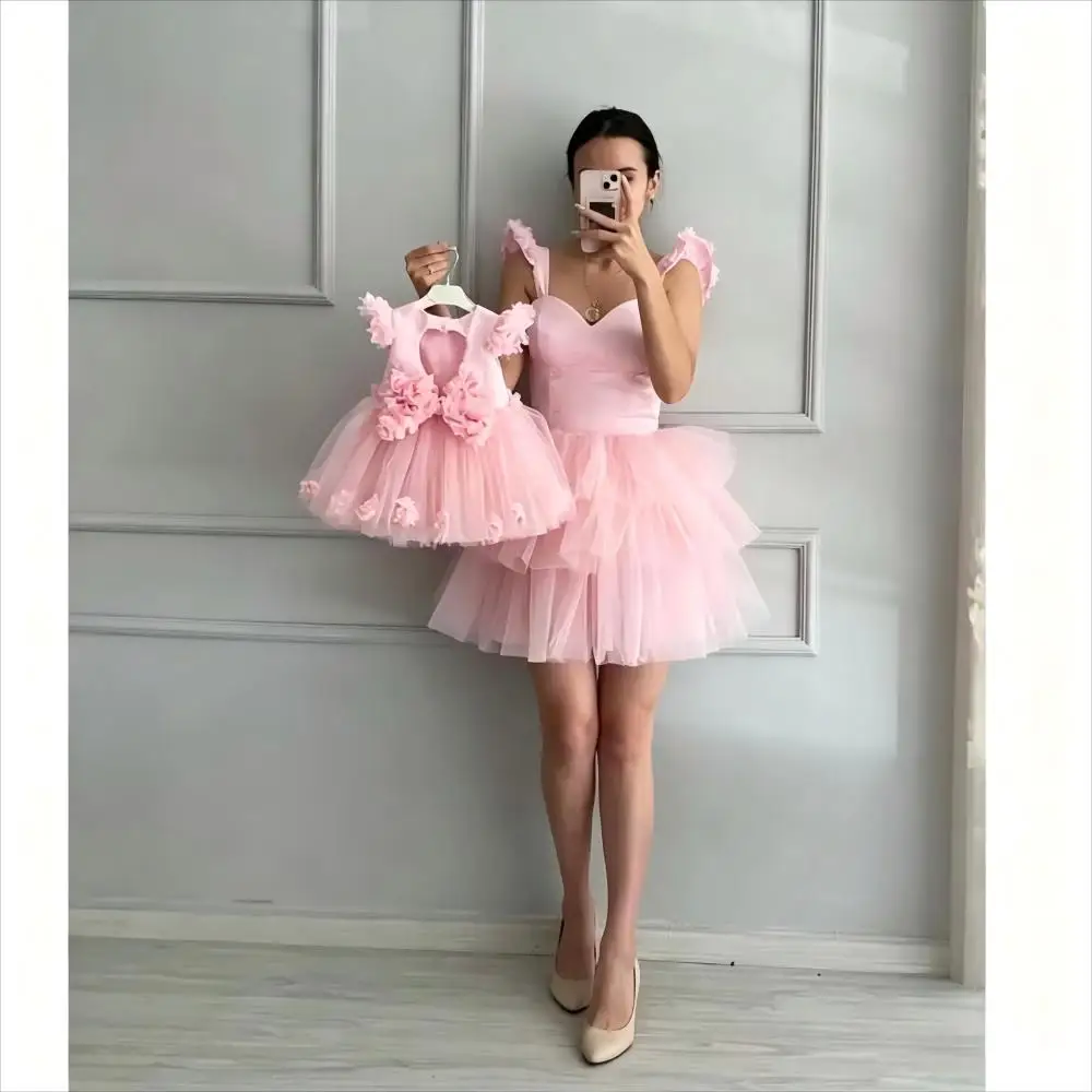 Super Cute Short Pink Tulle Mother and Daughter Dress for Baby Birthday Party Ruffles Flowers Mommy and Kids Matching Gown