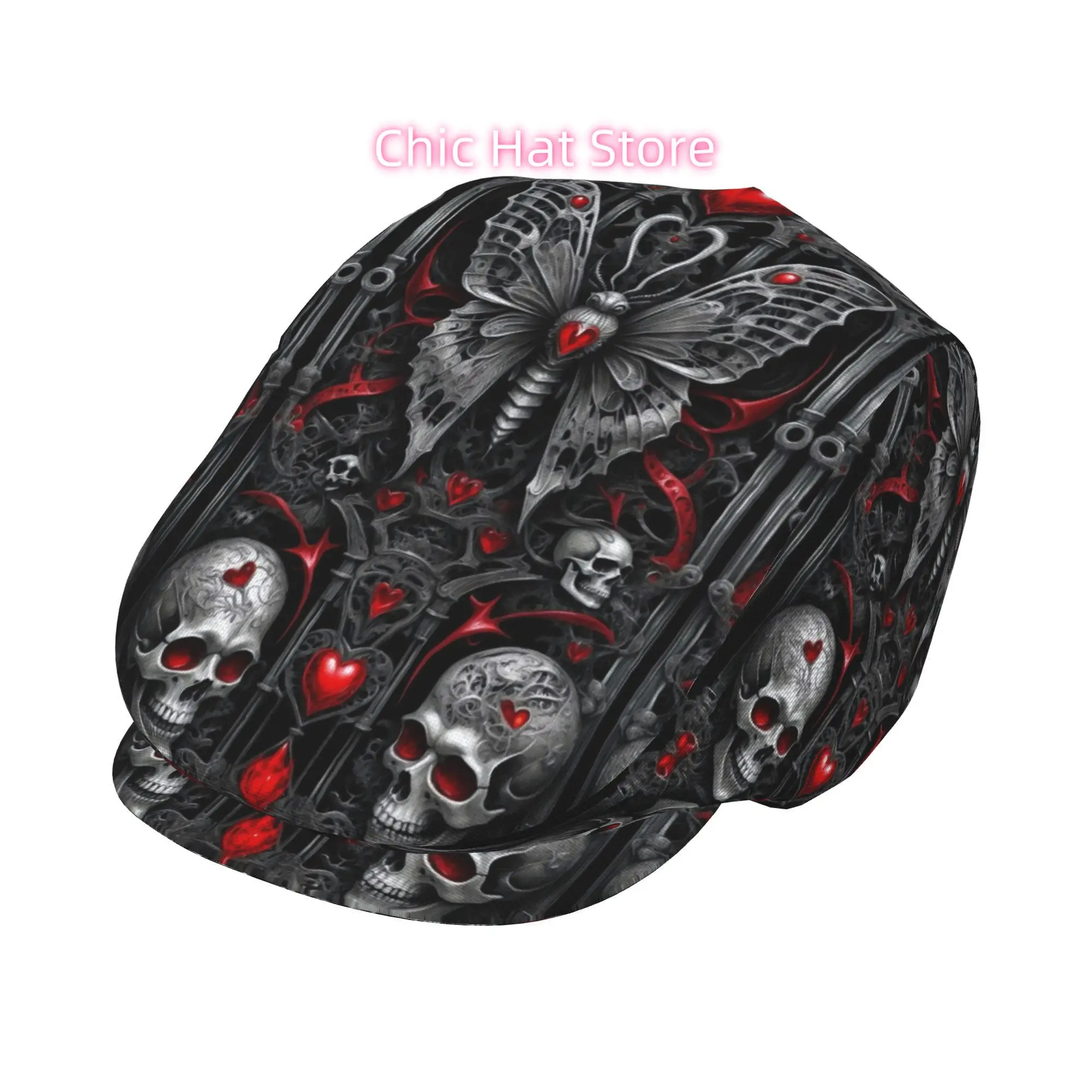 1pc of Gothic Butterfly And Skulls Patterned Flat-Top Hats Suitable for Both Men And Women, Including Newsboy Caps, Berets, Iris