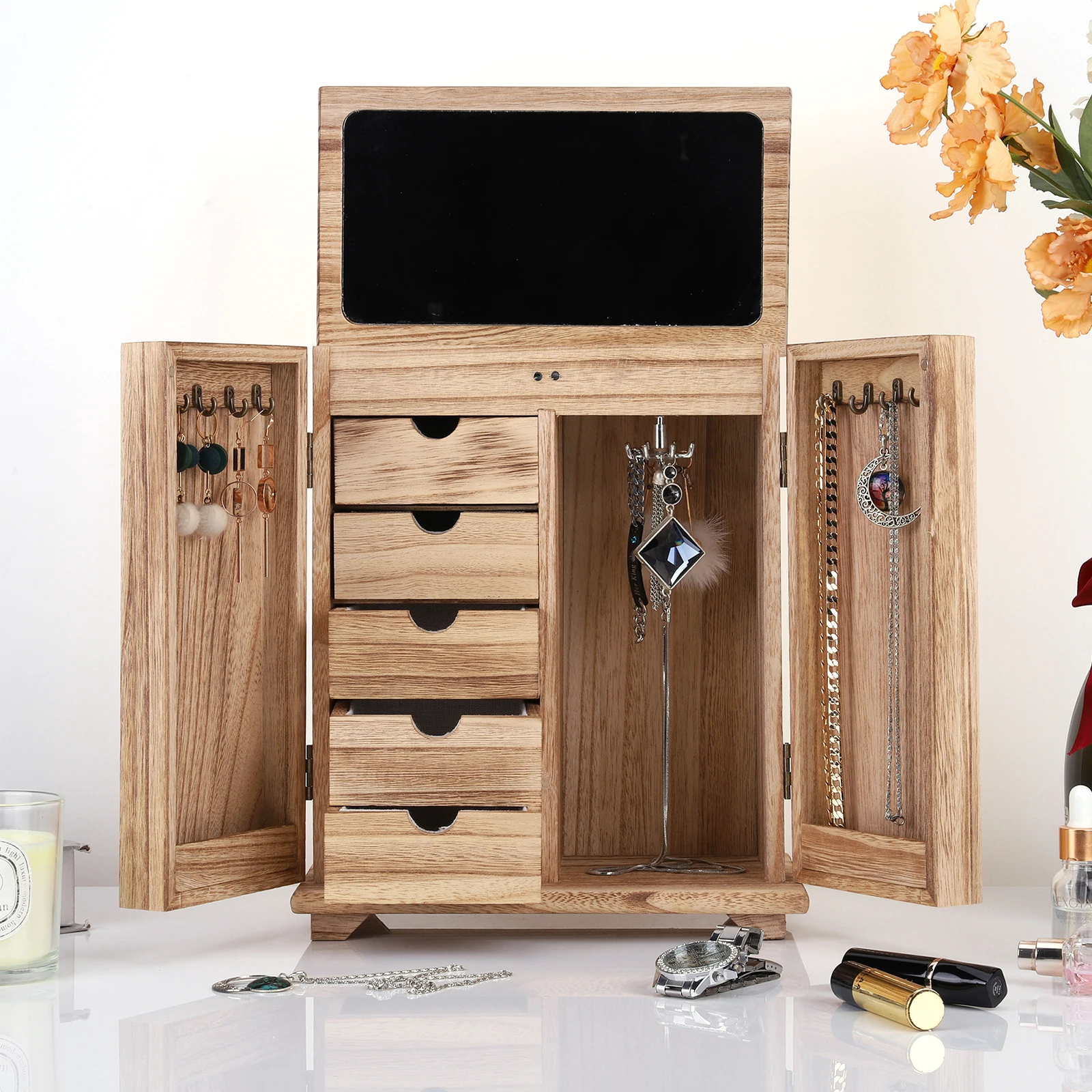 

Wood Jewelry Box Jewelry Storage Box 5 Layer Jewelry Holder with Drawers & Mirror Jewelry Display Box for Necklaces Earrings