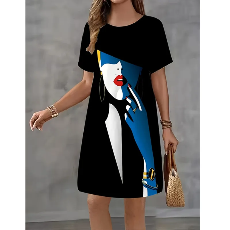 Fashion Women's Street Style Personality Dress 3D Abstract Face Print Dress Summer Short Sleeve O-Neck Casual Loose A-line Dress