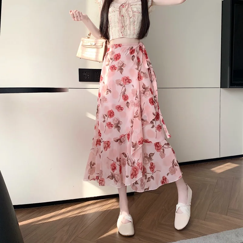 Ele Floral Lace Fi Tail กระโปรง f-length ผู้หญิงฤดูร้อน One-piece Slit Lotus Le กระโปรงเส้นใยโพลีเอสเตอร์ Midi กระโปรง