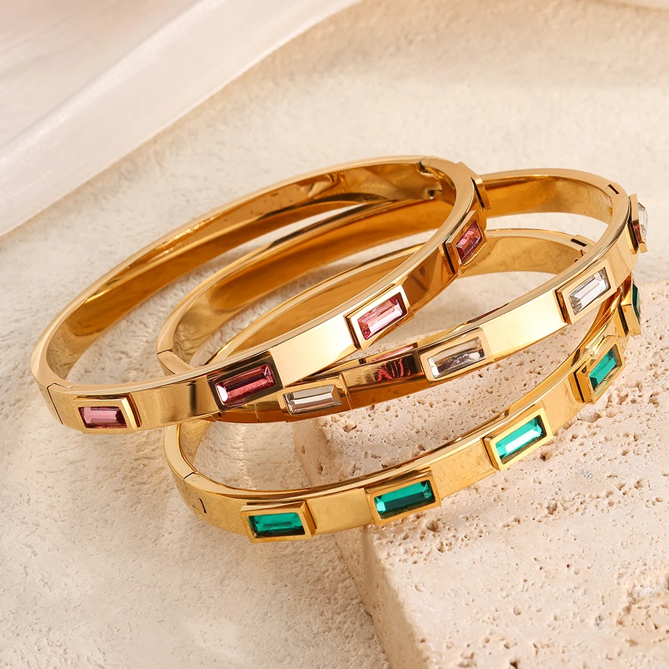 Yupsk 2-teiliges Set Weiß/Rosa/Grün Geometrisches Quadrat Zirkon Edelstahl Armband-Set für Damen Modisches Trendiges Accessoire Geschenk – Detail 9