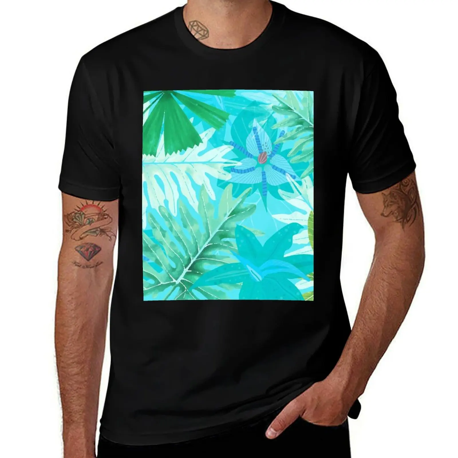 Camiseta Aloha con estampado botánico abstracto, follaje, jardín, color verde azulado tropical, camiseta de manga corta para trabajo al aire libre