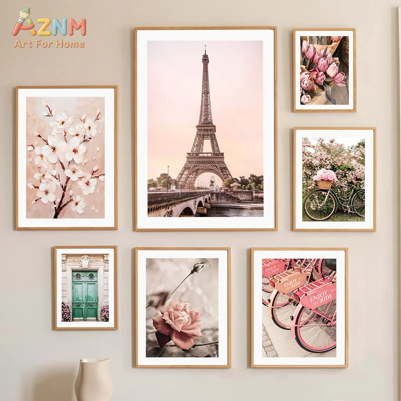 AZNM Pink Aesthetic Floral Canvas Wall Art Vintage Bicycle Flower Pastel Building Door Inspirational Quote Nordic Romantic Bedro