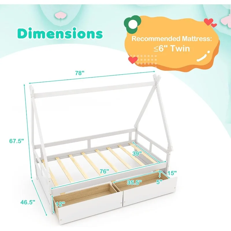 Twin Bed 2 Storage Drawers, Wood Montessori House Tent Bed Frame, Low Teepee Bed with Wood Slat Support for Boys Girls Teens