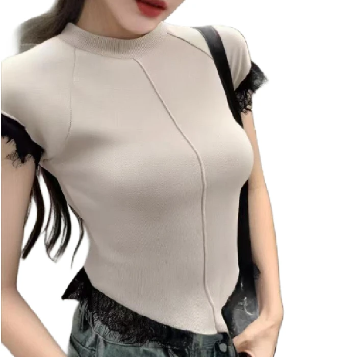 2025 Summer Korean Version of The New Temperament Semi-turtleneck Lace Splicing High-end Short-sleeved Knitted Sweater Top Women
