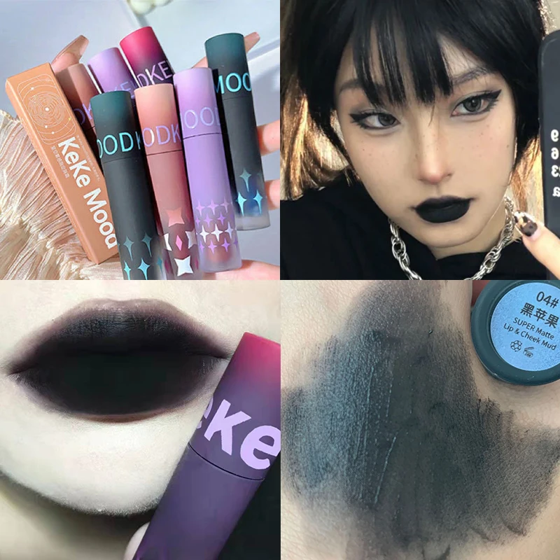 Gothic Matte Black Lipstick Waterproof Lasting Mousse Lip Mud Nude Brown Lipstick Blue Punk Lip Gloss Makeup Dark Red Lips Tint