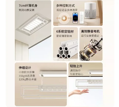 Motorized Ceiling Clothes Airer, Remote Control Retractable Rack with 16W LED Light, White