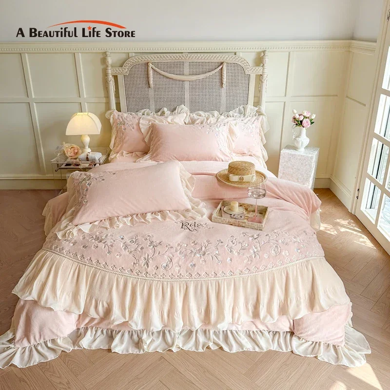 Pink Romantic Lace Ruffles Bedding Set, Velvet, Fleece, Soft Duvet Cover Set, Bed Sheet, Pillowcases, Plush, Warm