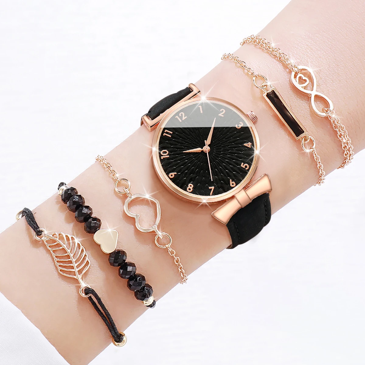 6pcs/set Women Watches Heart Leaf Bracelets Set Fashion Leather Band Ladies Quartz Watch（Without Box）