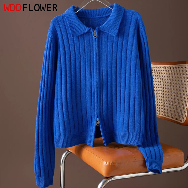 

100% мериносовая шерсть, мягкий королевский синий цвет, отложной воротник на молнии, вязаный кардиган с длинными рукавами, верхнее пальто, теплая осень-зима M1479