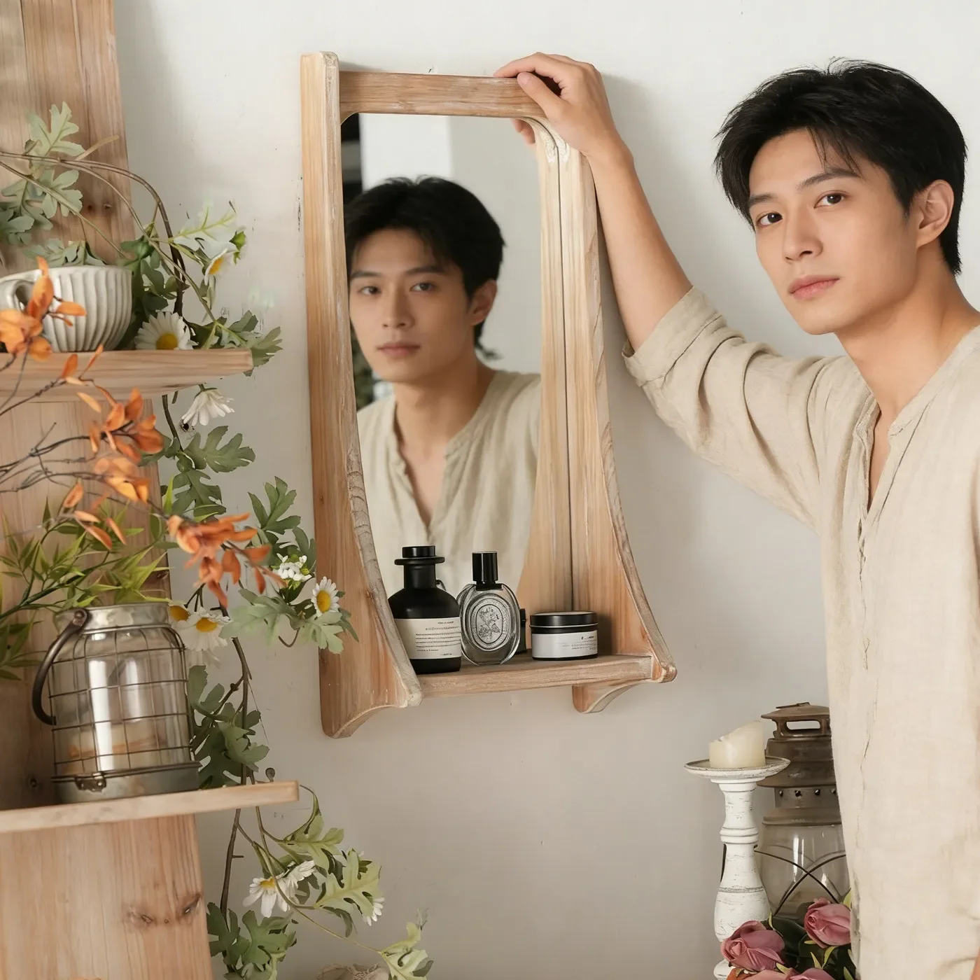 Solid wood wall-mounted vanity mirror wabi-sabi wind shelf antique style homestay retro wall vanity mirror storage rack