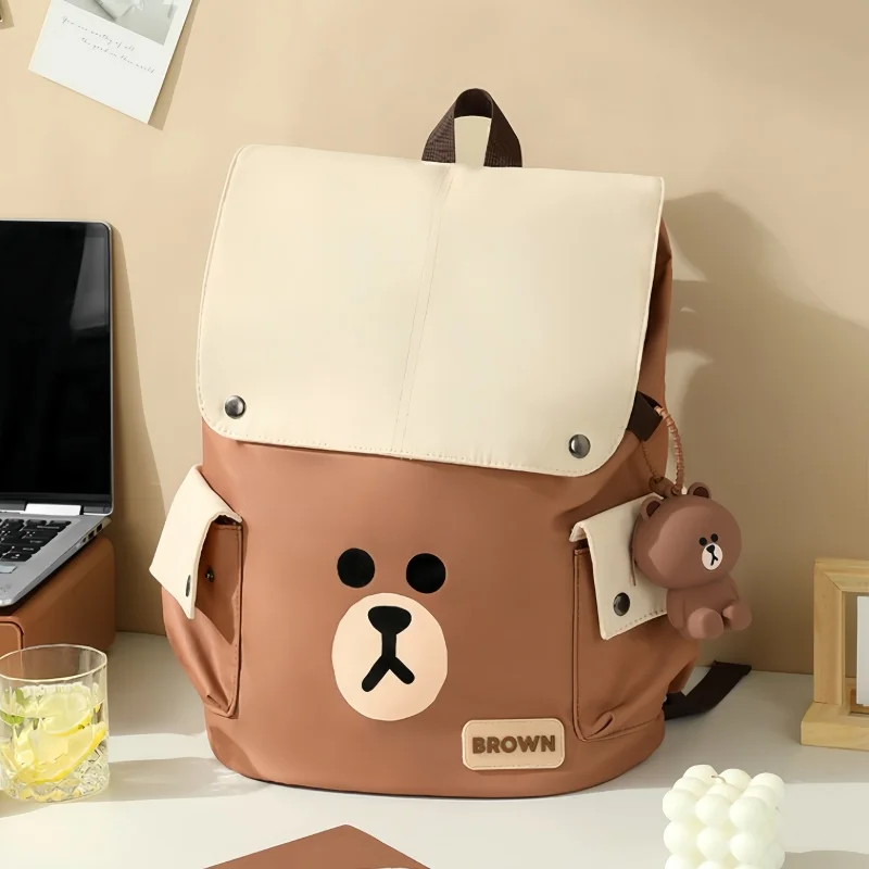 LINE FRIENDS Brown Cute Cartoon Backpack Student Girl Anime Kawaii Travel Casual Canvas Large Capacity Backpack Birthday Gift