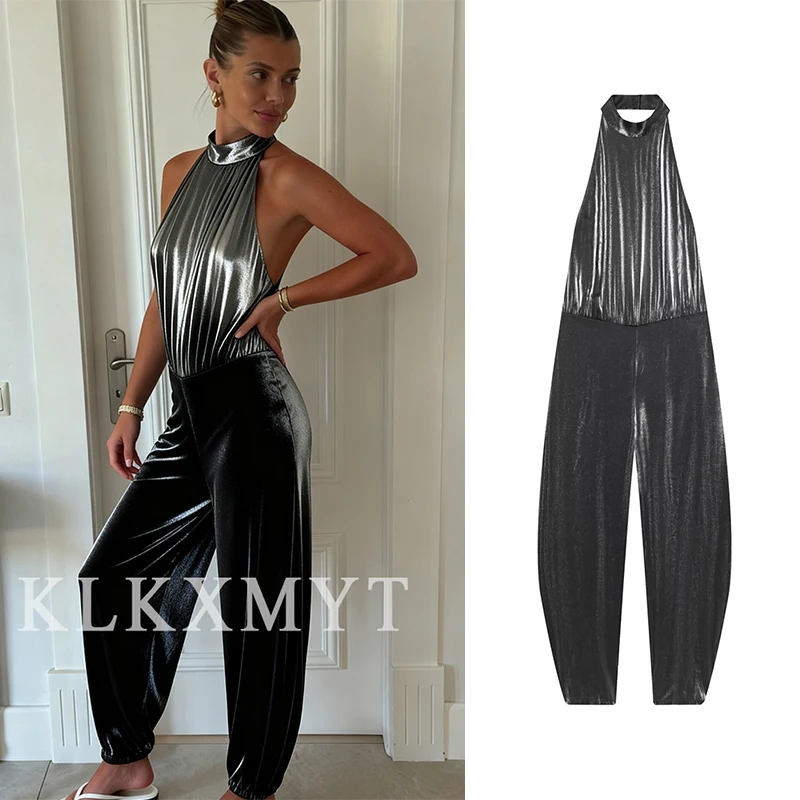 

Women's Sexy Velvet Bodysuit 2025 Women Solid Color Sleeveless Backless Pants Halter Bodysuit Lady Leisure Hight Street Bodysuit