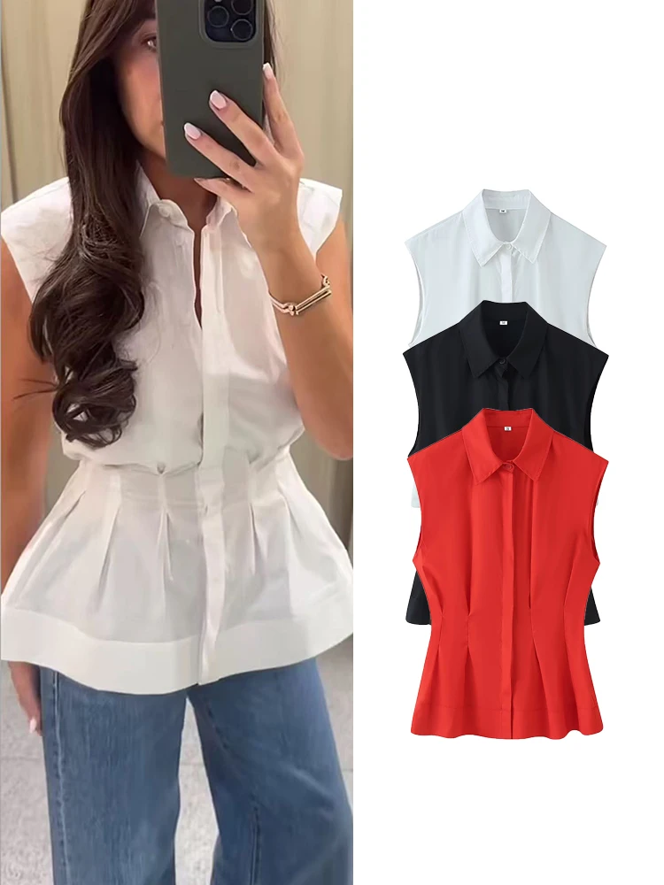 TFMLN Women Casual Sleeveless Shirt Summer High Street Trendy Commuter Shirts 2026 Summer Fashion Elegant Pleated Hem Shirts