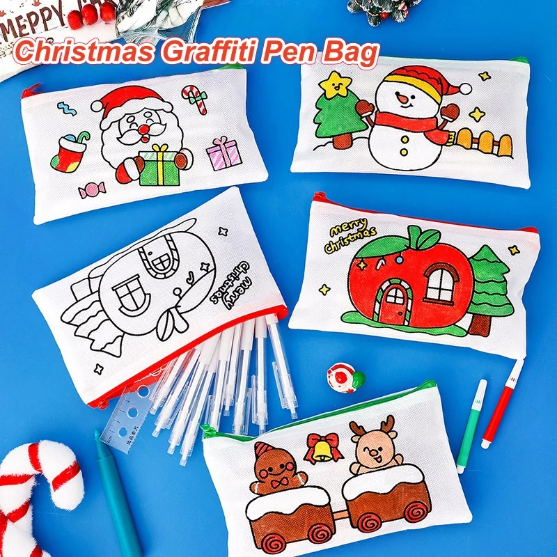 Christmas Graffiti Pen Bag Children DIY Painting Bag Handmade Drawing Stationery Bag Non-woven Storage Bag Christmas New Year