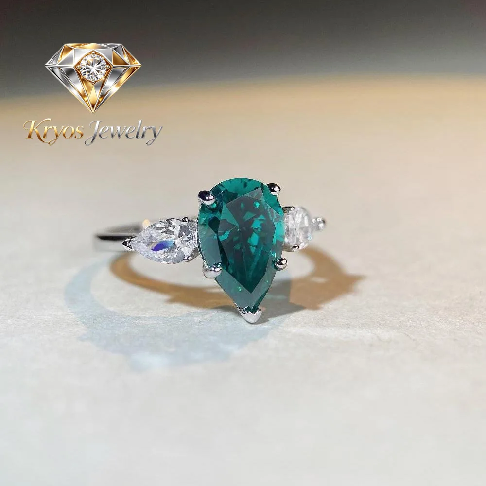 Kryos Jewelry Luxury Solid Platinum PT950  Women's Water Drop Pear Diamond Ring Wedding Ring Emerald Moissanite Diamond Ring