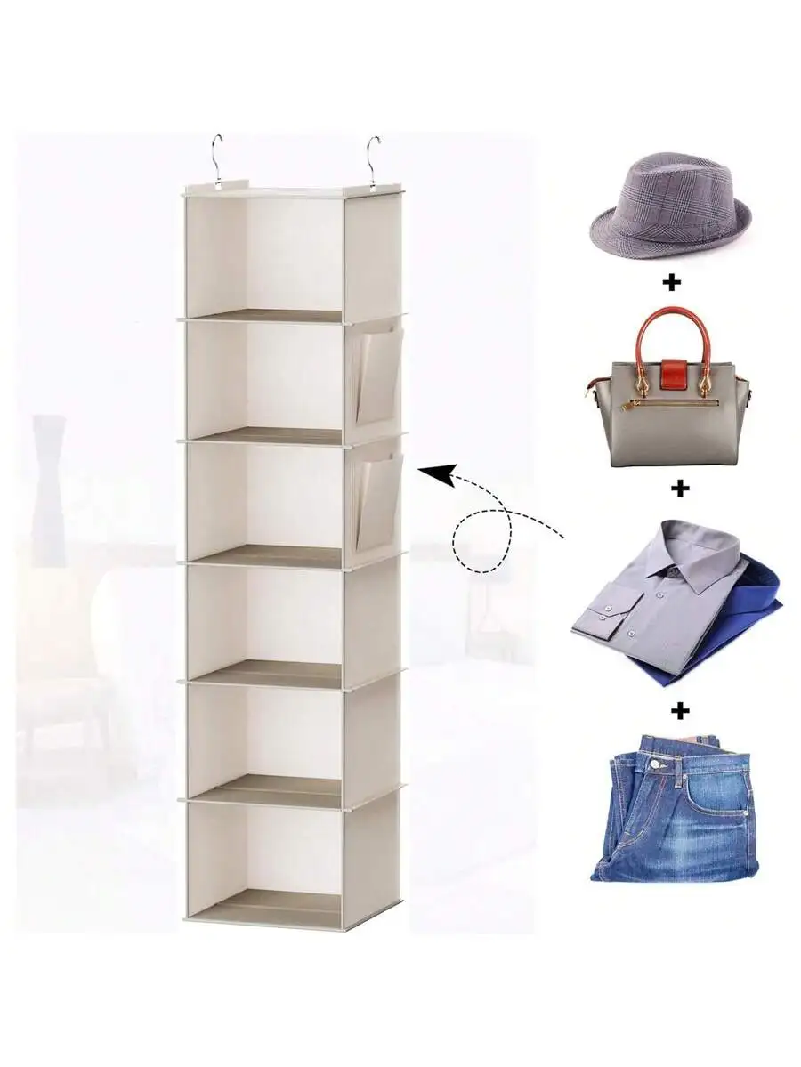 

Non-Woven Fabric Hanging Closet Organizer With 6 Shelves Water Resistant Dustproof Storage Bag For Adults