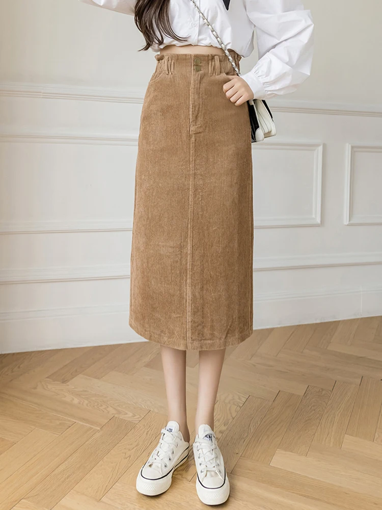 

Long Thickening Women Sweater Skirts High Waist Elastic Midi Maxi Skirt Autumn Winter Female Corduroy A Line Skirts Ladies C144