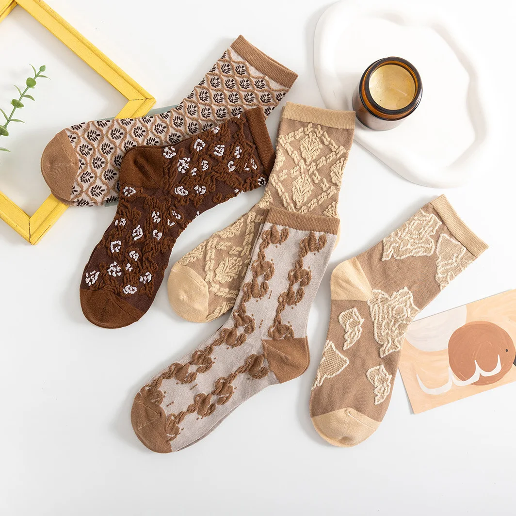 25 Patterns Cotton Floral Women Coffee Elegant Harajuku Retro Vintage Streetwear Long Socks Female Classic GirlsBrown Sox Autumn