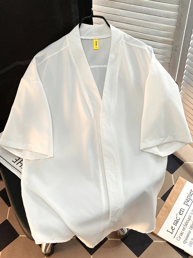 

Summer Thin V-Neck Short Sleeve Casual Loose Men's Shirt Ice Silk Youth Fashion Sport Ice Sensation Button up Pure Color