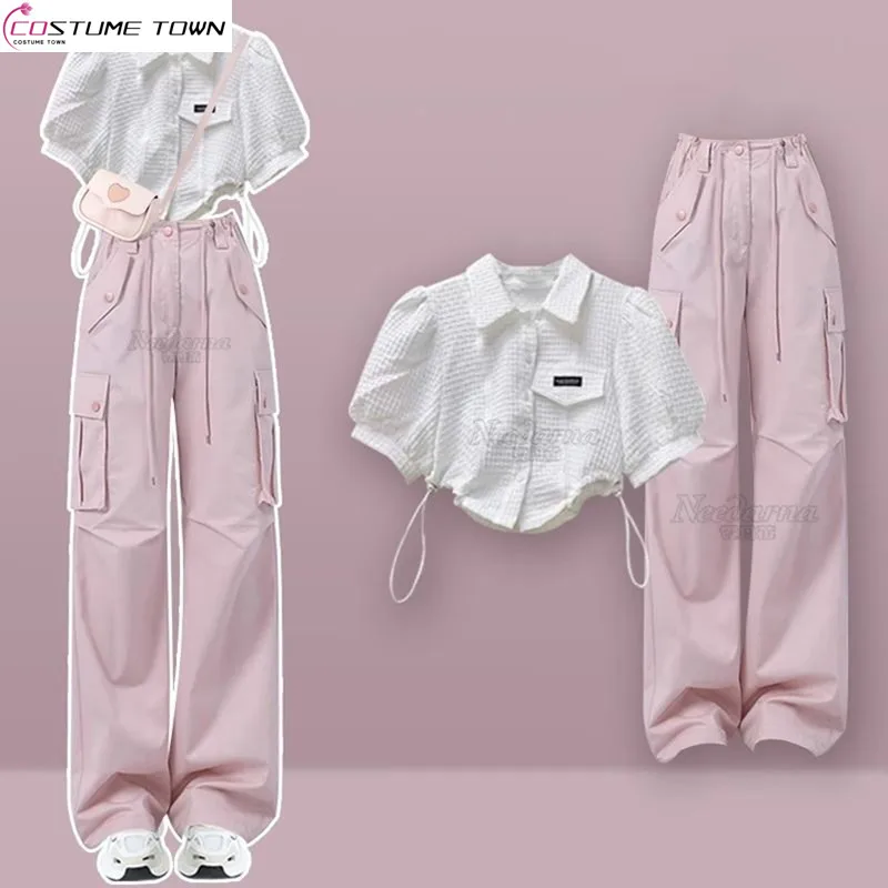 

Summer Pink Set for Women 2024 New Spicy Girl Wearing Bubble Sleeve Shirt Fashion Wide Leg Pants Two Piece Set