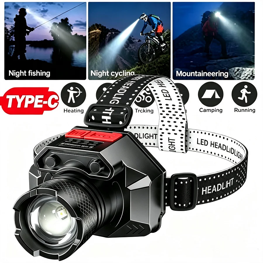 LED Super Bright Headlamp USB Rechargeable Waterproof Headlight 18650 Battery for Outdoor Fishing Camping Running Head Lantern