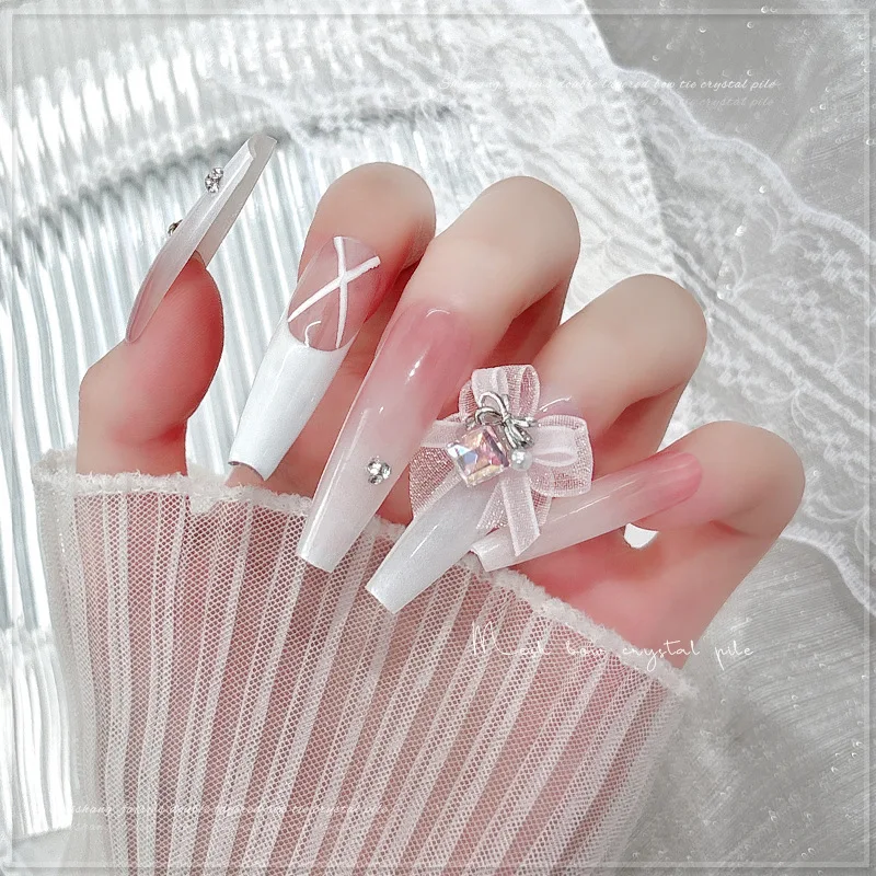 1Pc Organza Bow Nail Rhinestones New White Pink Bow Charms Large Sparkly Diamonds Popular DIY Manicure Decor Ornaments