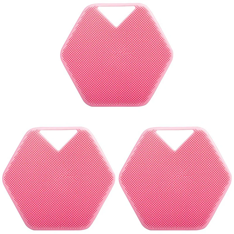 3 Pcs Silicone Exfoliating Body Scrubber, Shower and Bath Accessories with Storage Hooks, Easy to Clean (Pink)