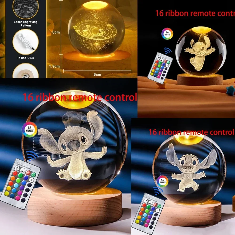 New 6cm 3D Crystal Ball Stitch 16 colors can be remotely controlled Crystal Planet Night Light Laser Carving Children's Gifts