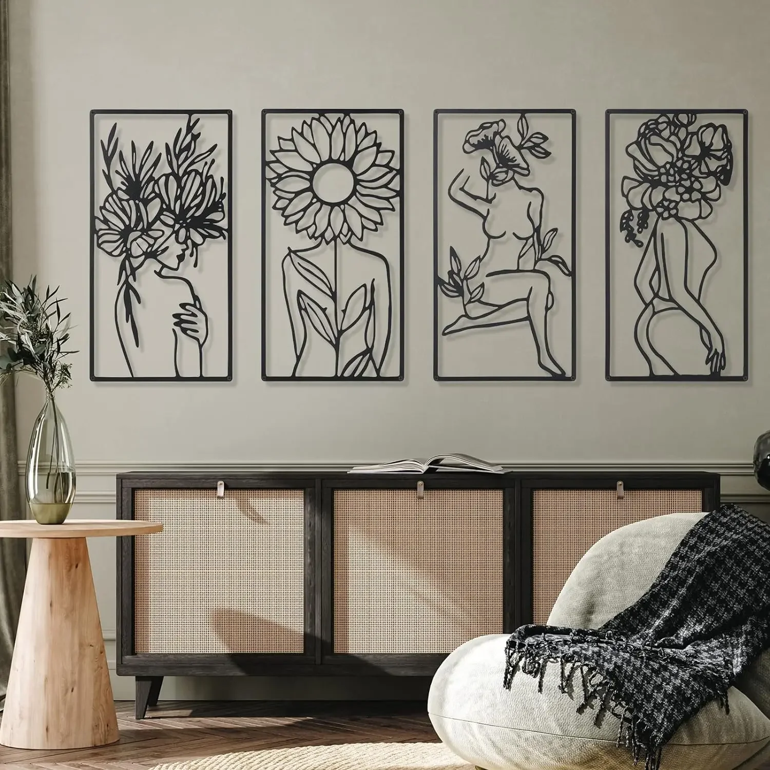 4Pcs Metal Minimalist Abstract Woman iron Art Drawing Wall Decor Single Line Art Female Home Bedroom Kitchen Bathroom Livingroom