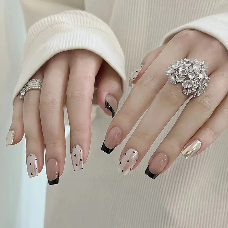Press On Fake Nails 24 Piece Resin French Short Nails with Mirror Powder Pearls Finish Pre Coated Reinforcement for Weddings
