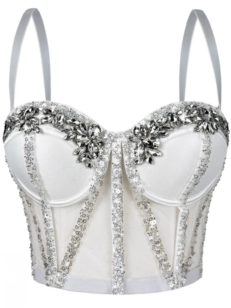 Rhinestones Female Corset Top Women Camis Nightclub Pearls Short Chest Binder Sexy Camisole Mujer Lingerie Tube Bra Debardeur