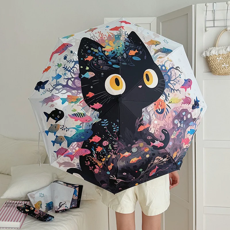 Cute Cartoon Fish and Cat Folding Umbrella Sun Protection Rain-proof UV Protection Umbrella Fully Automatic Sun Umbrella