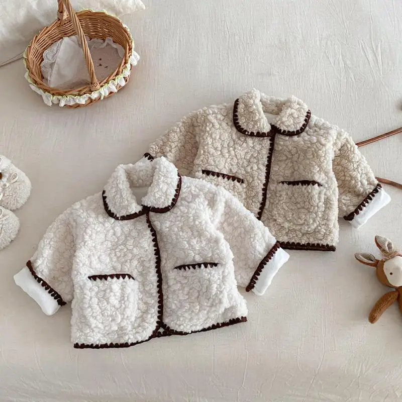 

2025 Winter New Baby Girl Plus Velvet Thick Coat Kids Boys Lapel Cotton Padded Jacket Toddler Lamb Fleece Windproof Tops