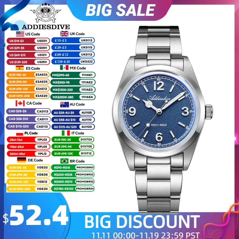 

ADDIESDIVE Men's Watches New 36mm Quartz Wristwatch VH31 AR Coating Domed Glass Luminous 100m Waterproof AD2518 Stainless Steel