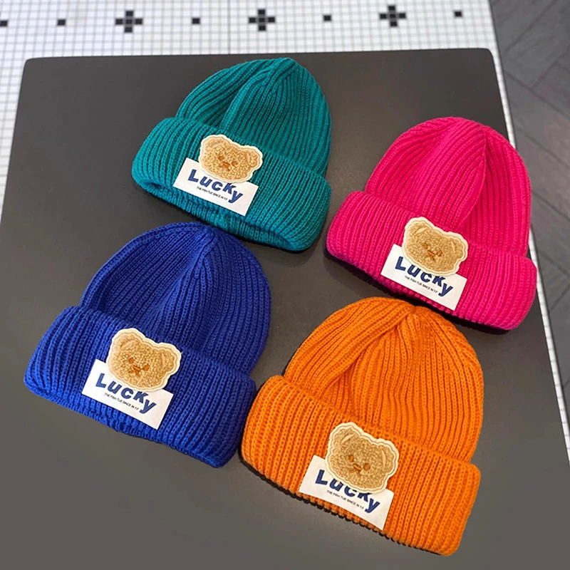 

Cute Baby Bear Knitted Hat Winter Warm Children Beanies Solid Color Woolen Pullover Cap 1-6year Boys Girls Kids Crochet Bonnet