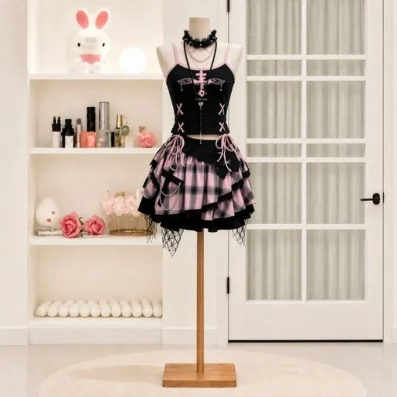 Vintage Y2K Dark Sweet Skirt Set Women Cami Plaid Tiered Skirt Lace Cross Bowknot Top Shirt and Harajuku Outfit Skirt Woman Set