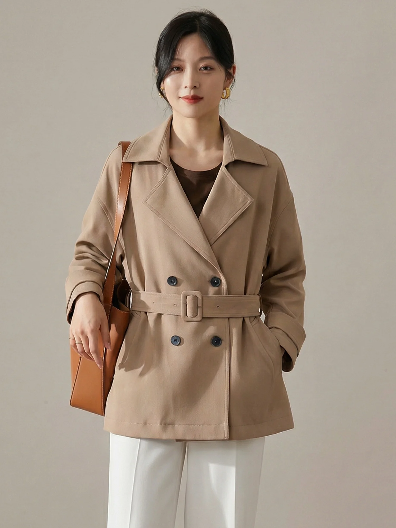 

Женское двубортное пальто цвета хаки для повседневной носки, приталенное, весеннее, модное, в британском стиле