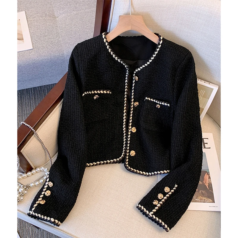 MEXZT giacca corta in Tweed nera da donna tuta Vintage cappotto trapuntato giacca corta invernale da donna coreana elegante capispalla spessa top