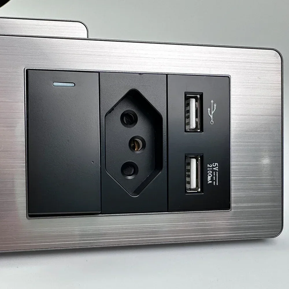 DELEFU Stainless Steel Panel Brazil Standard Outlet Double USB Type C Wall Power Socket Light Switch Office 4*2mm Black 10A 20A image 5