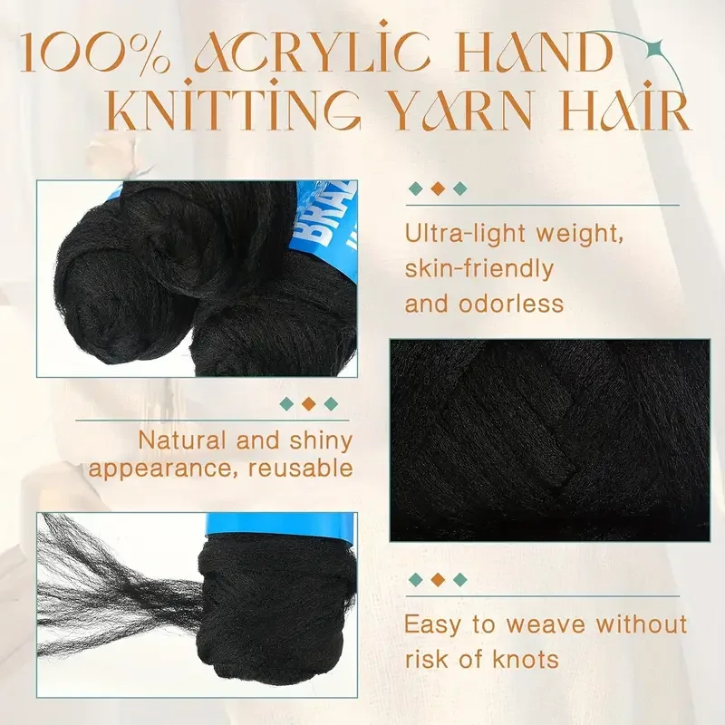 وصلات شعر كروشيه صناعية من الصوف البرازيلي للنساء، خيوط شعر أفريقية للأسود الطبيعي، ضفائر جامبو ﻿